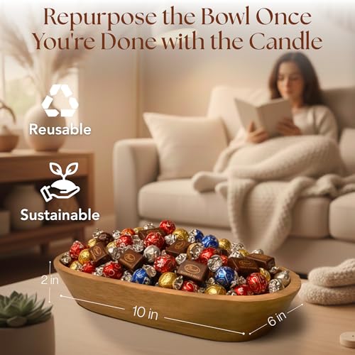 Dough Bowl Candle Co. Sandalwood Soy Candle - 3 Wick Rustic Farmhouse Decor Odor Eliminator in Wooden Bowls, 20 Ounce Wood...