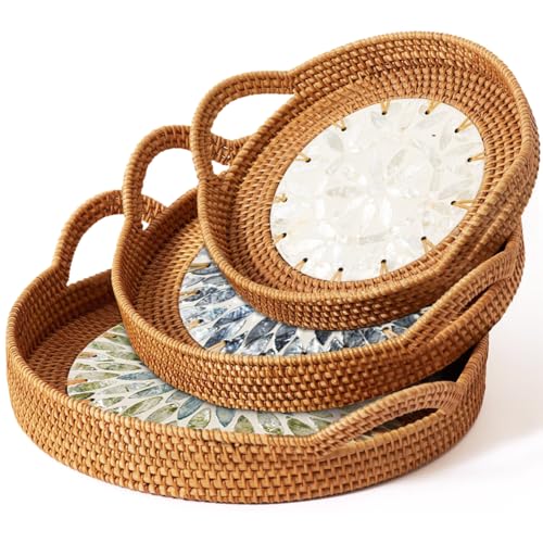 Mothers Day Gifts Set – 3 Handwoven Rattan Trays with Natural Shell Inlay, Boho Decorative Wicker Serving & Coffee Table T...