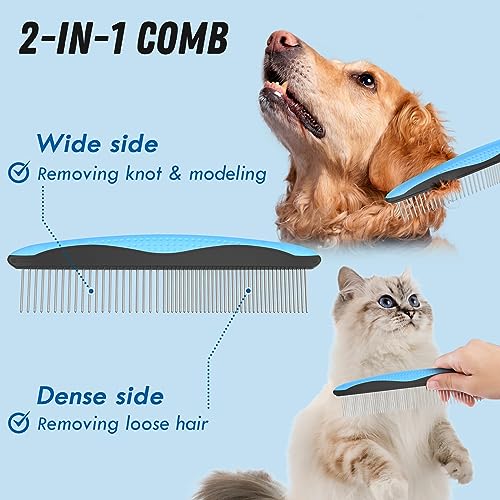 Docrok Pet Grooming Combo - Blue Deshedding Brush with Metal Comb for Detangling and Dematting Long, Matted Fur on Cats an...