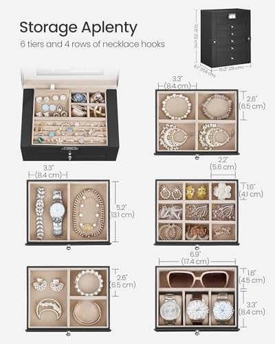 SONGMICS 6-Layer Jewelry Box Organizer with 5 Drawers, Jewelry Storage Case with Lock and Mirror, Large Storage Capacity, ...