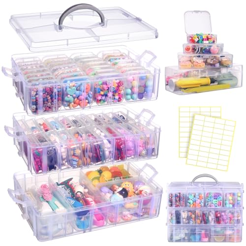 Funtopia Bead Organizers and Storage, 56 Pcs Small Plastic Containers with Lids and 3-Tier Stackable Storage Box, Mini Cle...
