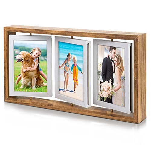 ZEEYUAN 4x6 Rotating Picture Frame Desktop Rustic 4x6in Wooden Photo Frames, Double Side-Display 6 Photos, Floating 4x6 Co...