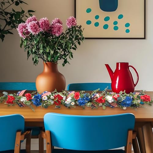 Egolot Patriotic Hydrangea Red White Blue Flower Garland Wreath for Front Door, Forth of July Independence Day Indoor Outd...