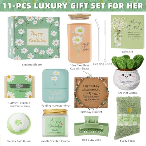 Uongeod Birthday Gifts for Women Her,11PCS Birthday Basket for Women Green Happy Birthday Gift Box for Mon Wife Daughter A...