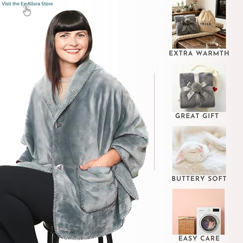 EzrAllora Premium Double Layer Poncho Blanket - No Sleeves Easy On Easy Off- Drape and Go- 2 pockets - Gifts for Grandma (...