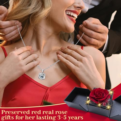 I Love You Necklace 100 Languages, Preserved Rose with Necklace, 925 Sterling Silver Rose Necklace for Women Mom Wife Girl...