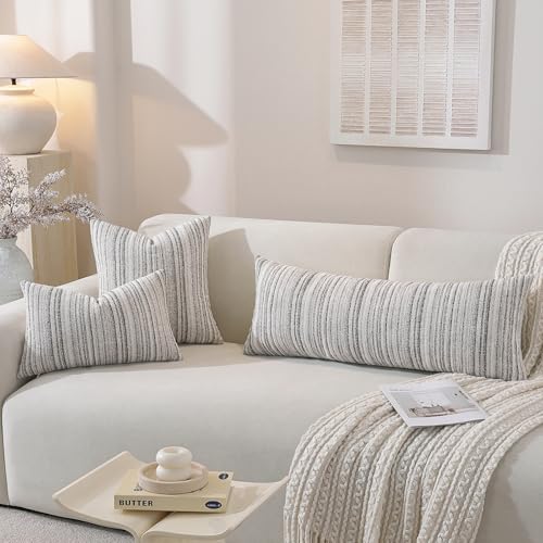 QDTTSRY Chenille Throw Decorative Pillow Covers 20x20 Set of 2, Textured Striped Boho Couch Pillow Covers, Cozy Neutral Fa...
