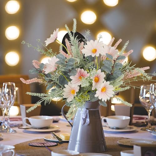 HO2NLE 2 Bundles Artificial Wildflowers Fake Daisy Flowers Bouquet Silk Flower with Stems Faux Daisies Eucalyptus Pink Flo...