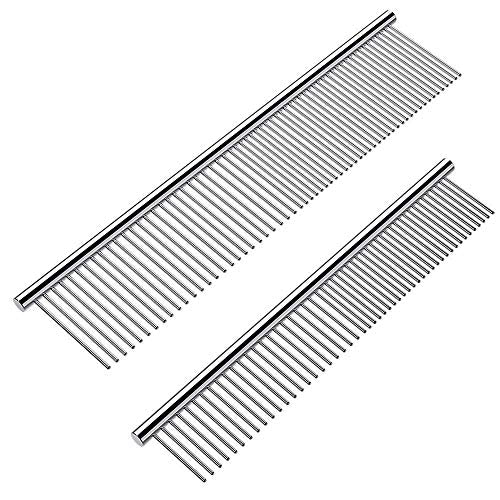 Cafhelp 2 Pack Dog Combs with Rounded Ends Stainless Steel Teeth, Cat Comb for Removing Tangles and Knots, Professional Gr...