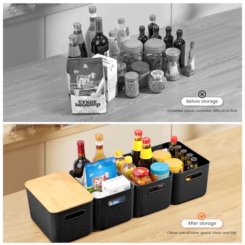 Ohmlove 4 Packs Storage Bins with Bamboo Lids - Plastic Storage Containers with Lids Stackable Storage Box: Storages Baske...