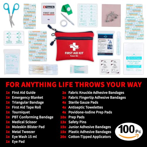 Protect Life First Aid Kit, Travel First Aid Kit for Car, 100 Piece Compact Emergency Preparedness Starter Kit for Home, O...