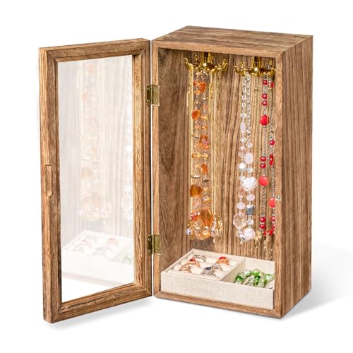 SINGLBA Necklace Holder Organizer, Wooden Jewelry Box for Women Girls, Rotatable Jewelry Organizer Case with Ring Tray Dis...