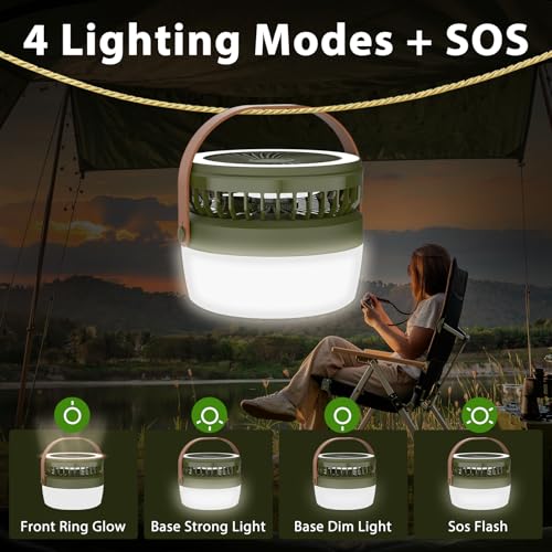 EJYTRVT Solar Camping Fan with LED Light – Rechargeable Portable Fan with 3 Speeds, 4 Lighting Modes, USB & Solar Powered,...