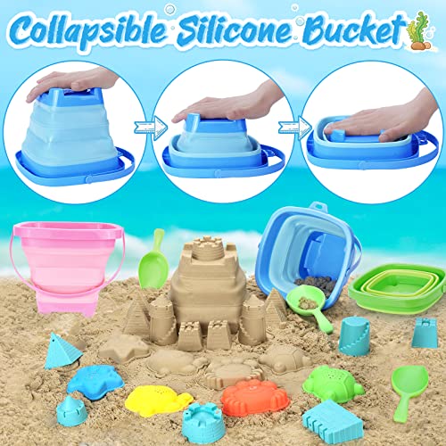 RACPNEL Collapsible Beach Toys for Kids, 3 Pack Foldable Sand Buckets and Shovels Set with Mesh Bag, Silicone Pails for Be...