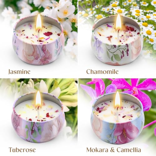 Scented Candles Gift Set for Women 4 Pack Soy Wax Candles with Dried Flowers Reusable Tin Aromatherapy Relaxation Gift for...