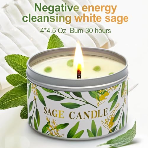 Sage Candle Gift Set, 4 Pack Natural Soy Wax White Sage Smudge Kit with Healing Crystals for House Cleansing Negative Ener...