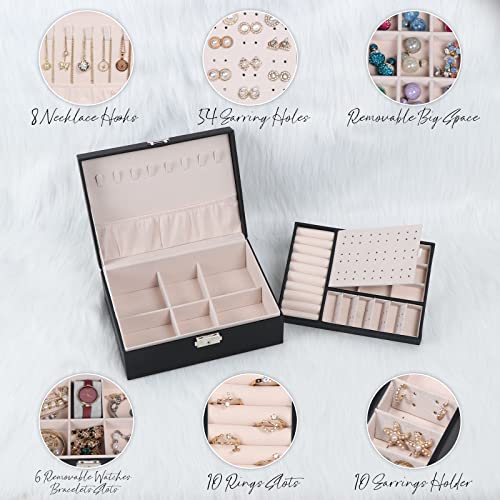 Jewelry Box for Women Girls, 2 Layers Jewelry Organizer Container with Lock, PU Leather Storage Case with Removable Tray, ...