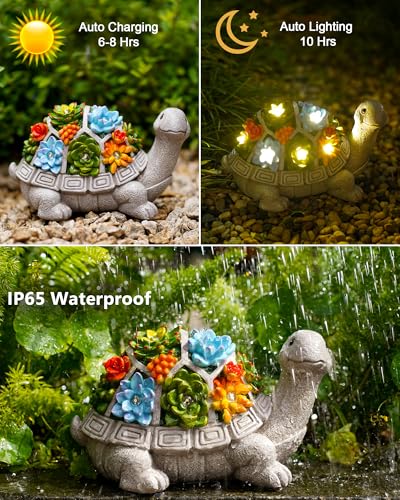 Nacome Solar Garden Outdoor Statues Turtle with Succulent and 7 LED Lights - Lawn Decor Statue for Patio, Balcony, Yard Or...