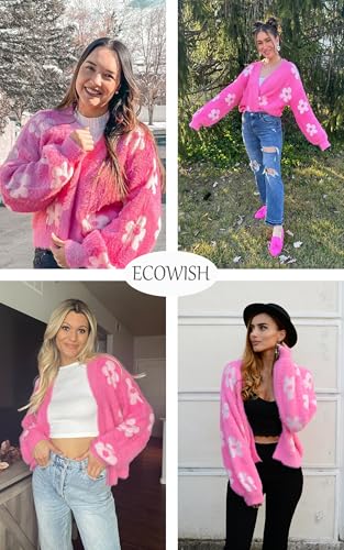 ECOWISH Women Floral Cropped Cardigan: Fall Long Sleeve Open Front Fuzzy Daisy Print Knit Sweaters Casual Y2k Outerwear
