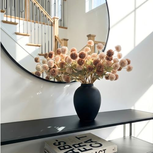 22pcs Artificial Beige & Brown Kiku Flowers with Eucalyptus Stems Bulk, Faux Silk Mum Pom Poms for Vase, Modern Farmhouse ...