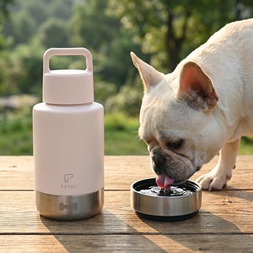 FUYEC Dog Water Bottle 32oz, Insulated Stainless Steel Travel Water Dispenser with 2 Detachable Dog Bowls for Food and Wat...