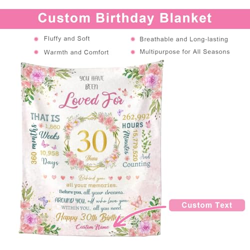 30th Personalized Birthday Blanket for Women Floral Wreath 30 Year Old Custom Name Blanket Gifts for Her Mom Daughter Wife...