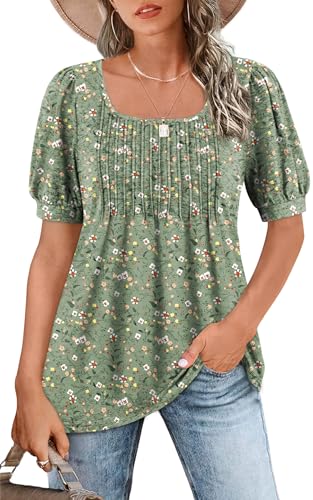 Zwurew Women's Summer Casual Puff Short Sleeve T-Shirts Square Neck Pleated Flowy Trendy Tunic Tops for Leggings S-2XL