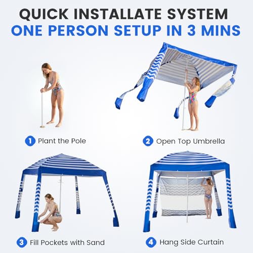 Zeraty Beach Cabana 8'×8', Portable Beach Canopy with Side Wall, Easy Pop Up UPF 50+ Silver-Coated Beach Tent Sun Shelter,...