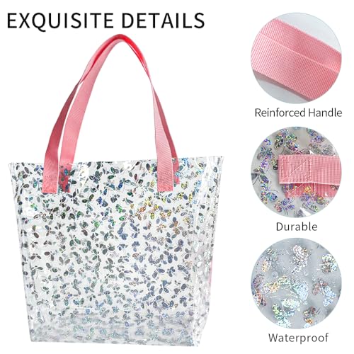 TotePrint Holographic Clear Tote Bag, Waterproof Beach Bag with Pink Handles, Large 11.8"x12.2"x4.3", TSA Compliant | Holo...