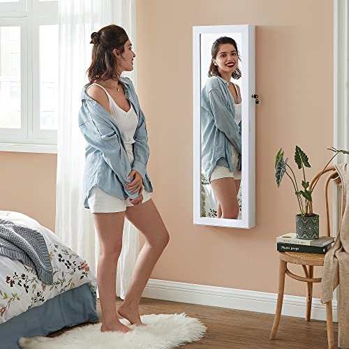 SONGMICS 6 LEDs Mirror Jewelry Cabinet, 47.2-Inch Tall Lockable Wall or Door Mounted Jewelry Armoire Organizer with Mirro...