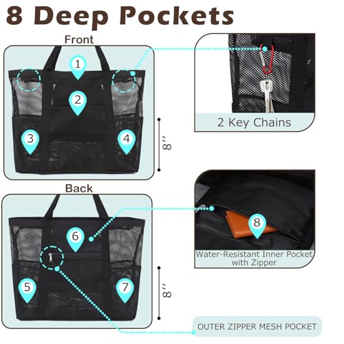 Fammart Mesh Beach Bag with Zipper, Large Beach Tote for Women, Toys Pool Swim Bag Travel Vacation Cruise Essentials