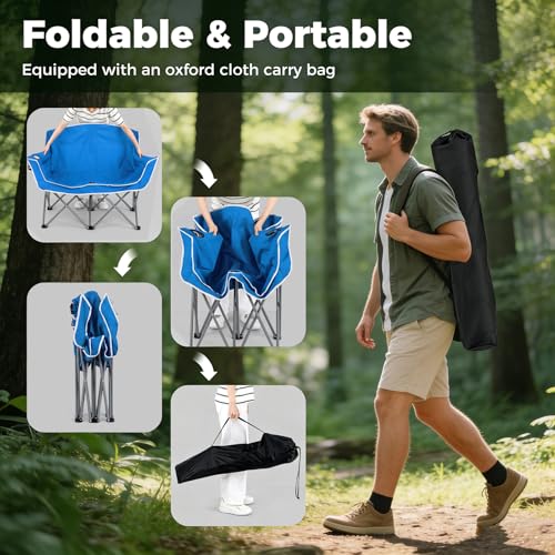 COSTWAY Double Camping Chair for 2, Oversized Folding Loveseat with Armrests, Dual Cup Holders & Carry Bag – Heavy-Duty Po...