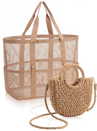 Shinylin 2 Pcs Beach Bags for Women, Straw Clutch Purse & Summer Large Mesh Beach Tote Bag, Woven Envelope Straw Travel Bag