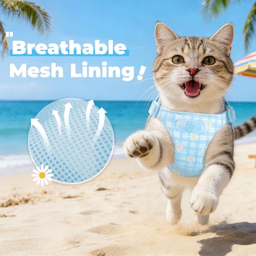 PETCARE Cute Cat Harness and Leash Set Blue Floral Daisy Cat Vest Harness Lightweight Adjustable Step in Spring Summer Sof...