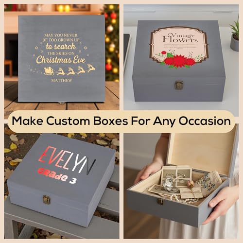 makerflo Medium Grey Pine Wood Memory Box with Hinged with Clasp, Black Felt Inside, Keepsake Wooden Box Ideal for Craft a...