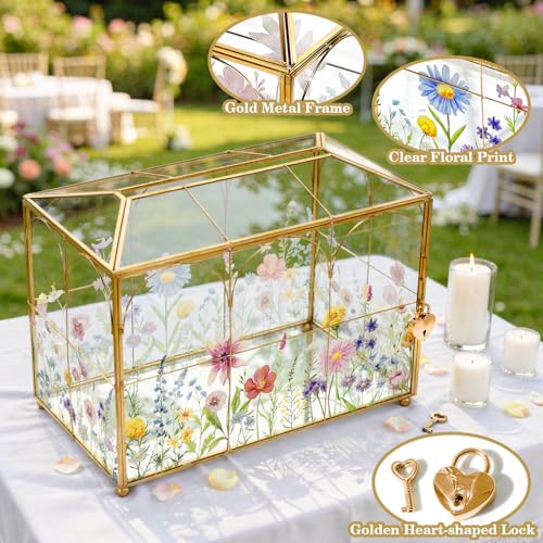 AerWo Glass Wedding Card Box with Lock, Gold Rim Gift Card Box for Wedding with Flower Patterns, Clear Wedding Card Boxes ...