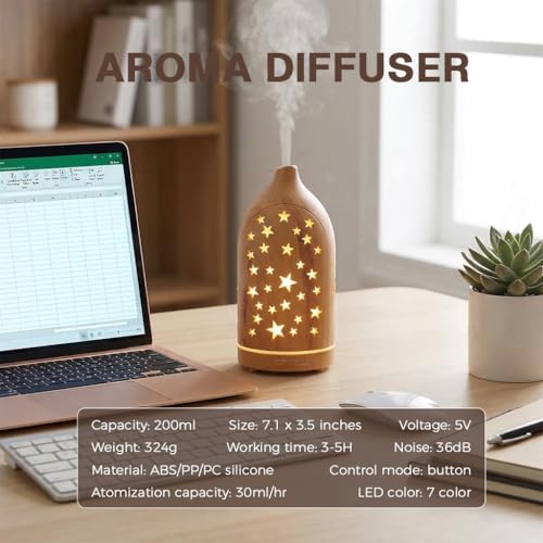 Essential Oil Diffuser,7.1''x3.5'' Diffusers with 3 Aromatherapy Oils Set,Small 200ml Desk Humidifier with 7 LED Colors Ni...