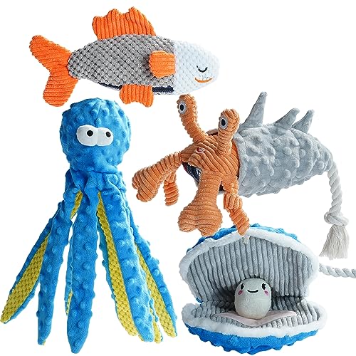 Nocciola 4 Packs Crinkle Squeaky Dog Toys for Aggressive Chewers, Tough Durable Stuffed Plush Rope Tug Puppy Chew Toy for ...