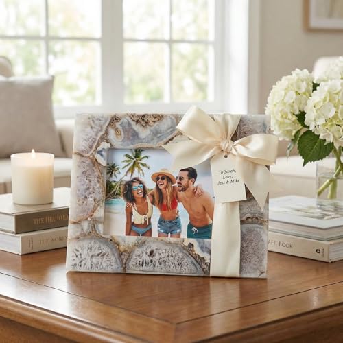 Natural Blue Agate 5x7 Photo Frame | Hand-Polished Luxury Crystal Picture Frame for Tabletop | Elegant Geode Stone Display...