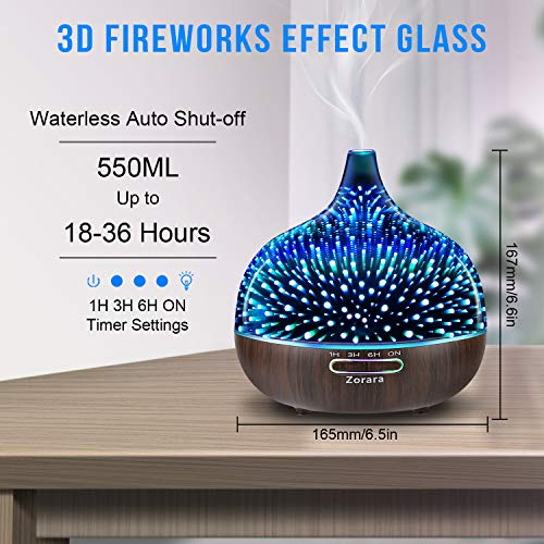Essential Oil Diffuser 550ml Cool Mist Humidifier 3D Glass Ultrasonic Aromatherapy Humidifier with 7 Color Changing Led Li...