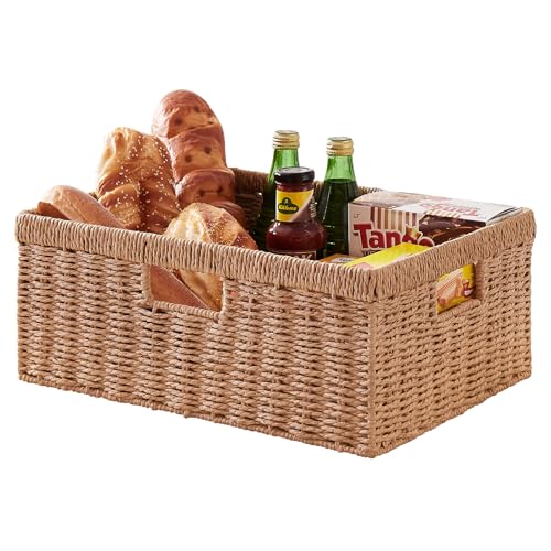 OIAHOMY Wicker Storage Basket, Rectangular Paper Rope Shelf Baskets with Built-in Handles, Woven Decorative Organizer for ...