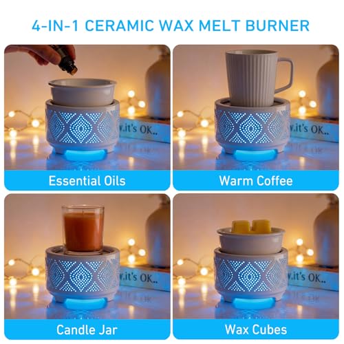 Wax Melt Burner Ceramic Electric 4-in-1 Candle Warmer Lamp with 7-Color LED Light Fragrance Oil Burner for Scented Wax Can...