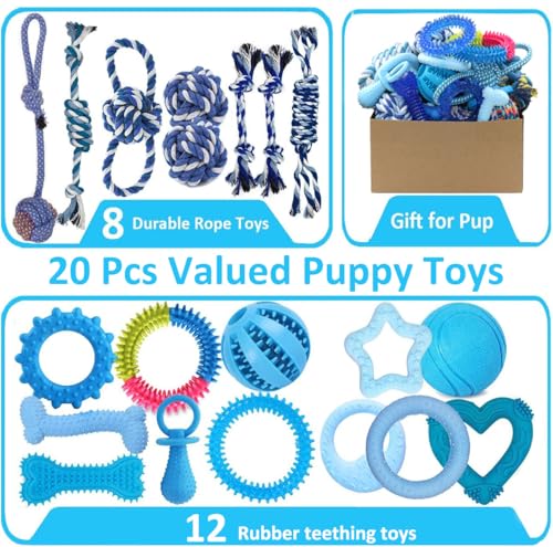 Beiker 20 Pack Puppy Chew Toys - Blue Dog Teething Toys for Puppies, Puppy Teething Rings and Ropes, Blue Rubber Toy Bundl...