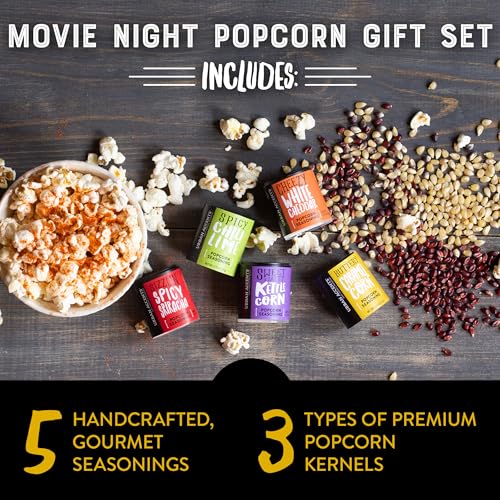 Urban Accents Movie Night Popcorn Gift Set – Includes 3 Gourmet Popcorn Kernel Varieties & 5 Flavorful Seasonings – Perfec...