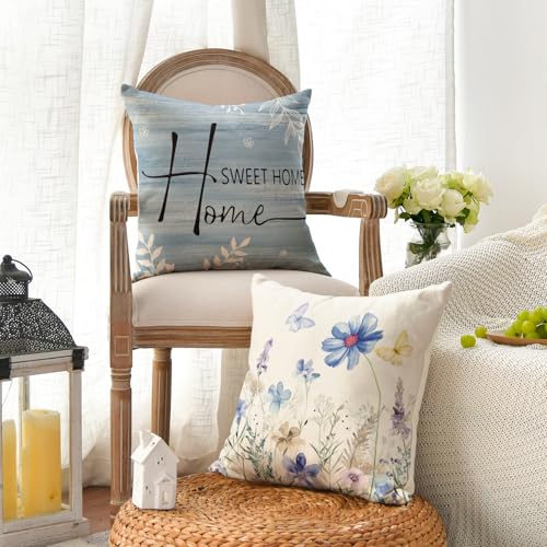 AVOIN colorlife Spring Saying Flowers Butterfly Bird Throw Pillow Covers, 18 x 18 Inch Home Sweet Home Blue Cushion Case f...