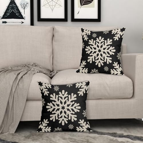 Sivirary Black Christmas Pillow Covers 18x18 Inch Set of 2, Xmas Snowflakes Rustic Winter Themed Decorative Throw Pillow C...