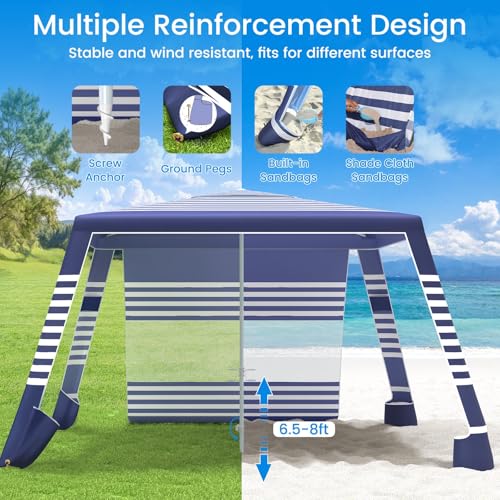 MoKo Beach Cabana, 8'×8' Large Beach Canopy with Side Wall, UPF 50+ Protection Easy Setup Beach Tent Sun Shelter, Adjustab...