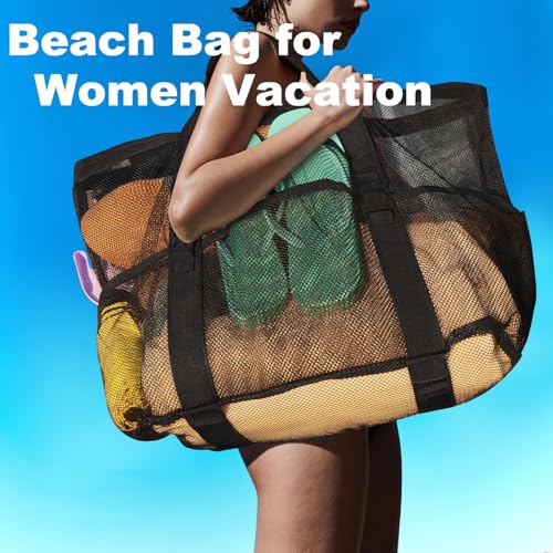 CaCTOUR Mesh Beach Bag,Large Beach Bags for Women with 8 Pockets,Packable Tote Bag for Beach Cruise Pool Vacation Essentials