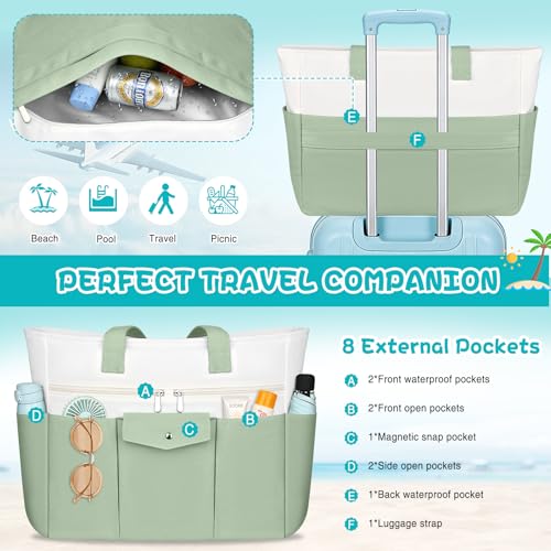 ZENTREON Beach Bags for Women Large Canvas Beach Tote with Zipper Wet Pocket, Waterproof Foldable Swim Pool Travel Tote Bags