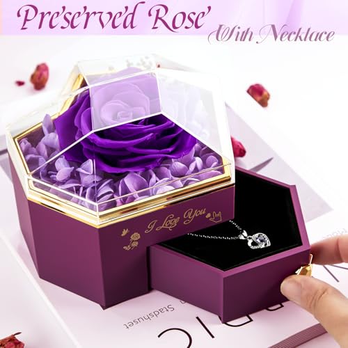 minstely Heart Shape Preserved Real Rose Box with Necklace, Forever I Love You Roses Gifts for Her, Eternal Flowers Gifts ...